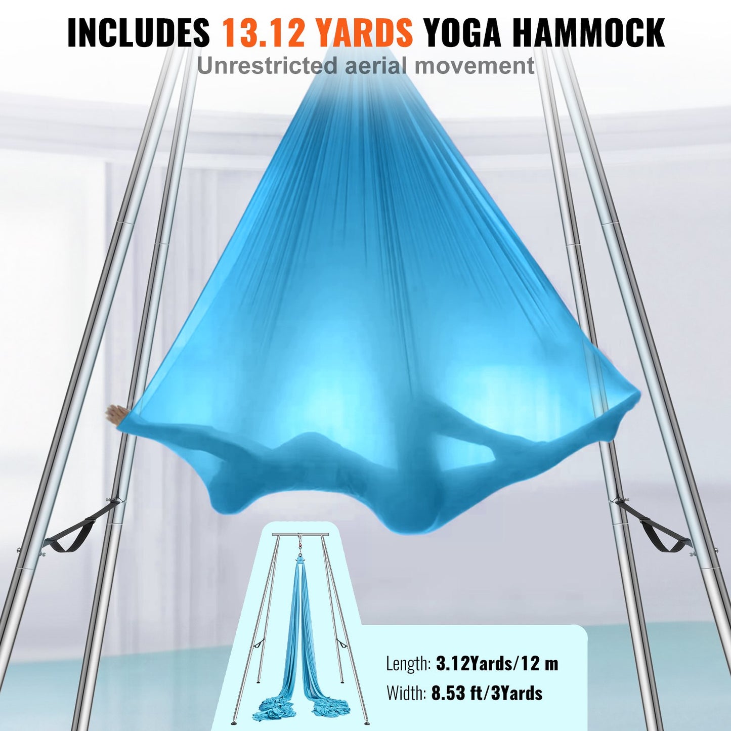 Aerial Yoga Frame & Yoga Hammock, 9.67 ft Height Professional Yoga Swing Stand Comes with 13.1 Yards Aerial Hammock, Max 551.15 lbs Load Capacity Yoga Rig for Indoor Outdoor Aerial Yoga, Blue