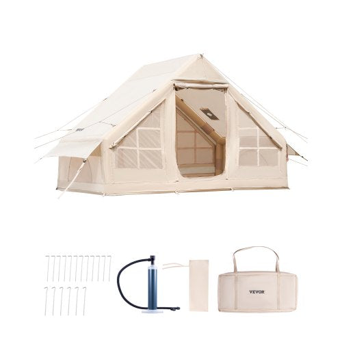 Inflatable Tents for Camping, 3-5 Person Easy Setup Blow up Tent with Hand Pump, 300D Oxford 4 Season Glamping Tent with Stove Jack 2 Doors & 2 Mesh Windows, Storage Bag Included for Easy Taking