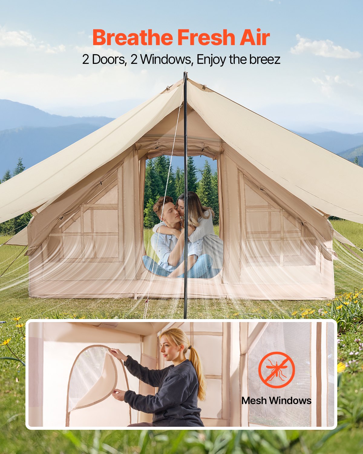 Inflatable Tents for Camping, 3-5 Person Easy Setup Blow up Tent with Hand Pump, 300D Oxford 4 Season Glamping Tent with Canopy, Stove Jack, 2 Doors & 2 Mesh Windows (Storage Bag Included)