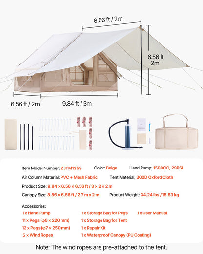 Inflatable Tents for Camping, 3-5 Person Easy Setup Blow up Tent with Hand Pump, 300D Oxford 4 Season Glamping Tent with Canopy, Stove Jack, 2 Doors & 2 Mesh Windows (Storage Bag Included)