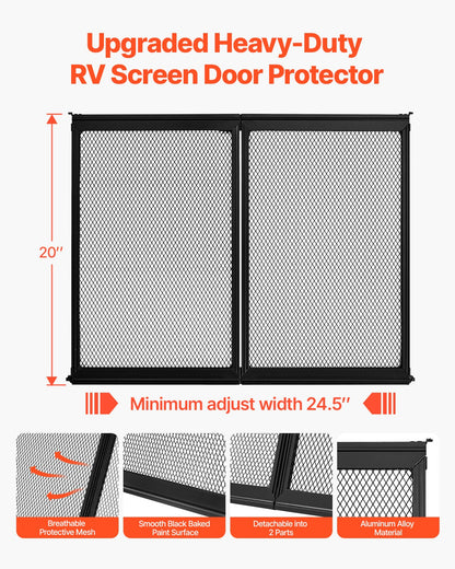 RV Screen Door Protector, 622.3 x 508 mm Door Grille, Easy to Install and Disassemble, Reinforced Breathable Protective Mesh, Aluminum Alloy Camper RV Entry Protector for Pet Protection, Black