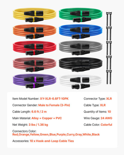 XLR Cable 2 m, 10 Pack, Shielded Balanced DMX Male to Female Microphone Cables, Gold-Plated 3-Pin XLR Mic Speaker Cords Wires, for Stage Lighting, Microphones, Amplifier, Mixer, Speaker Systems