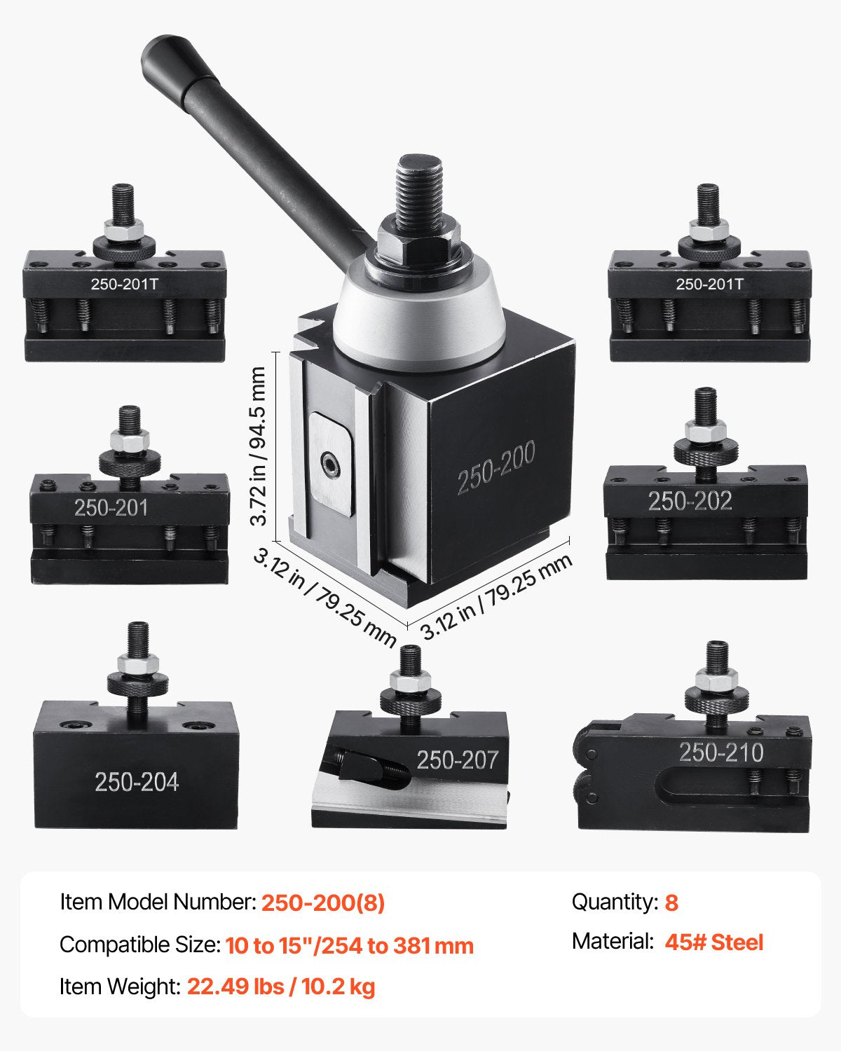 Quick Change Tool Post Set, 8 Pcs, Includes Lathe Tool Holders, Wedge Type Tool Post with Turning Tool Holder Accessories, for Mini Lathe & Metal Lathe 254-381 mm(10"-15") Swing, Durable Steel Material