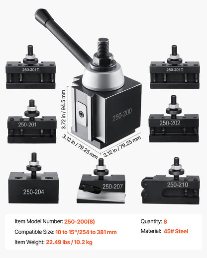 Quick Change Tool Post Set, 8 Pcs, Includes Lathe Tool Holders, Wedge Type Tool Post with Turning Tool Holder Accessories, for Mini Lathe & Metal Lathe 254-381 mm(10"-15") Swing, Durable Steel Material
