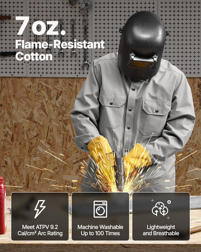 FR Welding Jacket - L Size, 7oz. Flame-Resistant Cotton Welding Jacket, Machine Washable Heat-Resistant Safety Jacket with Metal Snap Buttons & Adjustable Cuff, Meet ATPV 9.2 Cal/cm² Arc Rating