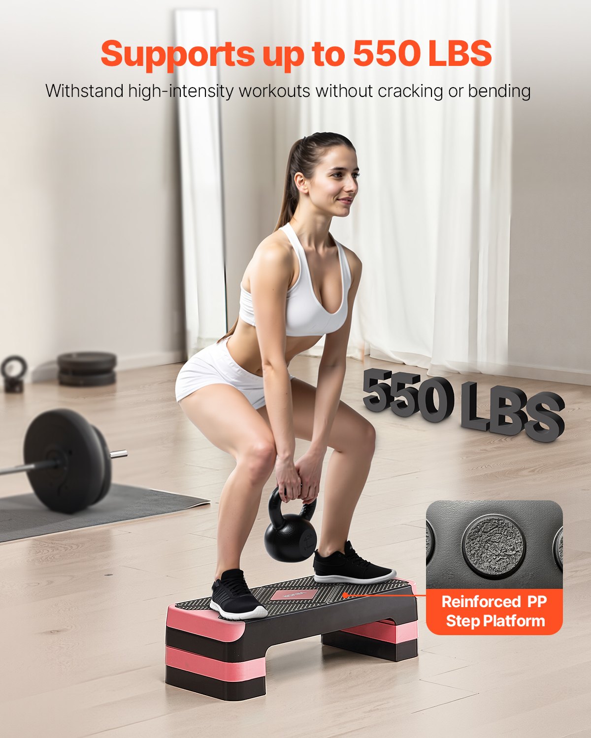 Aerobic Exercise Step Platform, 28-Inch Workout Aerobic Stepper, Height Adjustable Fitness Training Step Deck Trainer with 4 Risers, Non-Slip Surface Bench for Home Gym Cardio Strength, Red