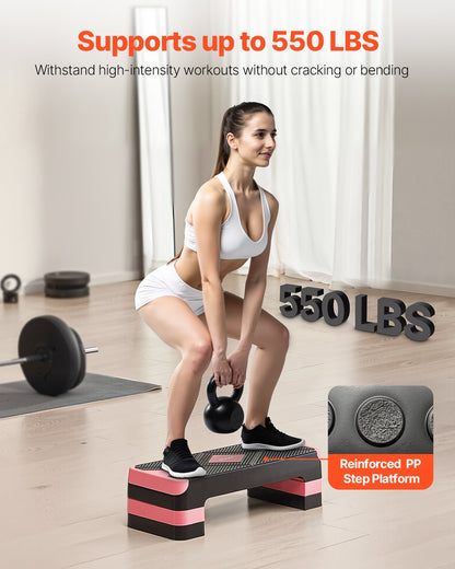 Aerobic Exercise Step Platform, 28-Inch Workout Aerobic Stepper, Height Adjustable Fitness Training Step Deck Trainer with 4 Risers, Non-Slip Surface Bench for Home Gym Cardio Strength, Red