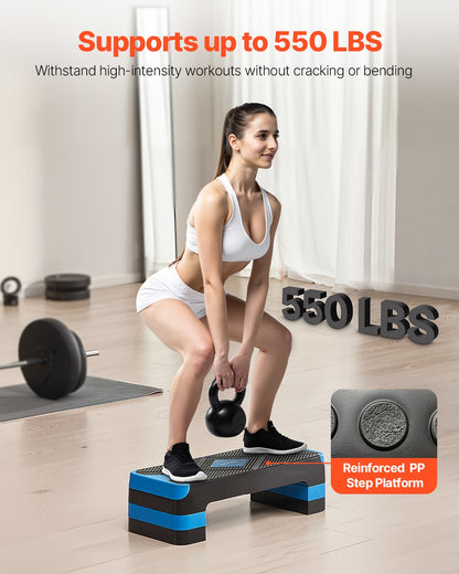 Aerobic Exercise Step Platform, 28-Inch Workout Aerobic Stepper, Height Adjustable Fitness Training Step Deck Trainer with 4 Risers, Non-Slip Surface Bench for Home Gym Cardio Strength, Blue