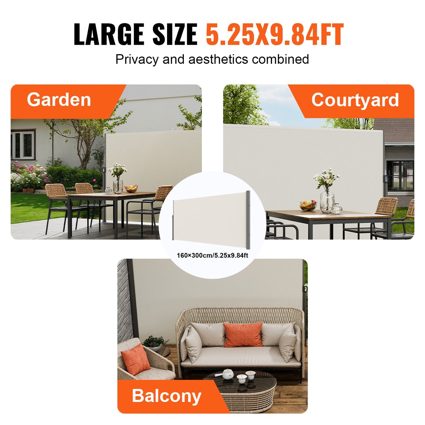 Utfällbar sidomarkis, 63''x 118'' utomhusskärm, 180g polyester vattentät utfällbar terrassskärm, UV 30+ rumsavdelare vindskydd för uteplats, bakgård, balkong, beige