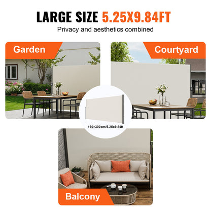 Utfällbar sidomarkis, 63''x 118'' utomhusskärm, 180g polyester vattentät utfällbar terrassskärm, UV 30+ rumsavdelare vindskydd för uteplats, bakgård, balkong, beige