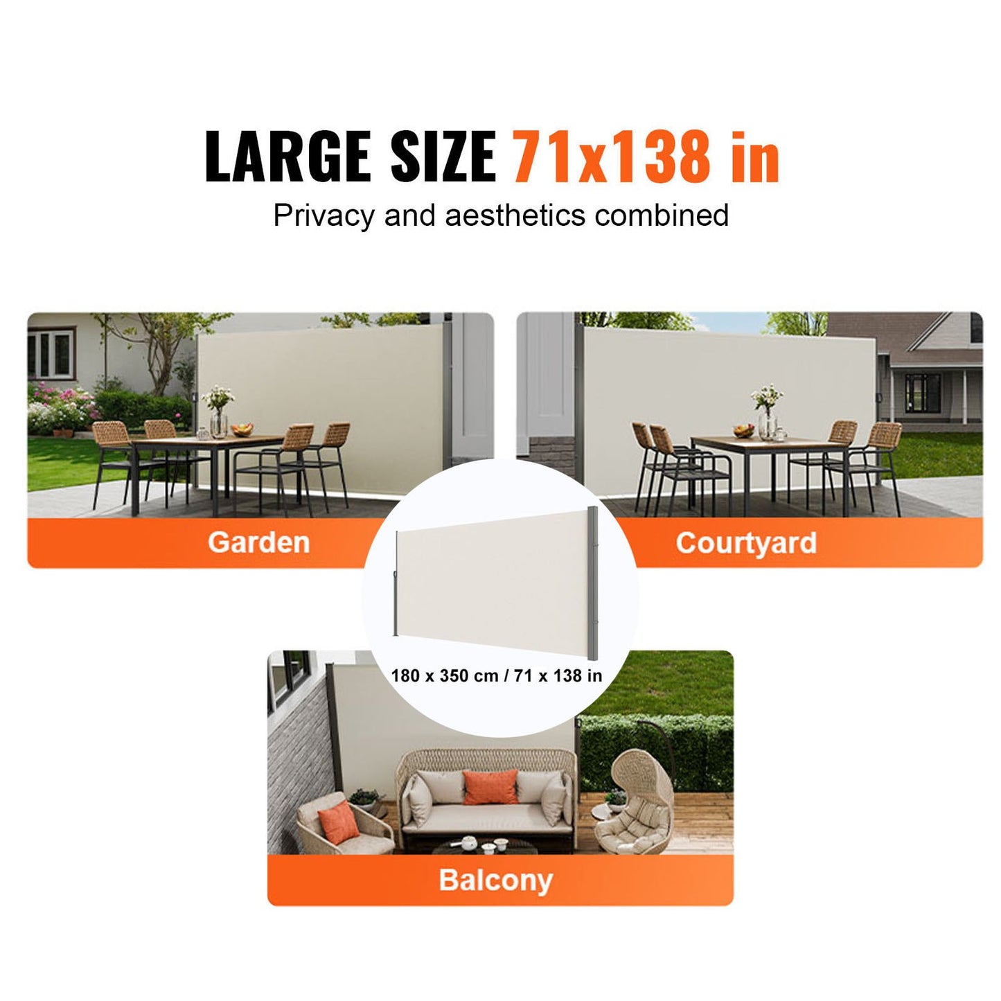 Utfällbar sidomarkis, 71''x 138'' utomhusskärm, 180g polyester vattentät utfällbar terrassskärm, UV 30+ rumsavdelare vindskydd för uteplats, bakgård, balkong, beige