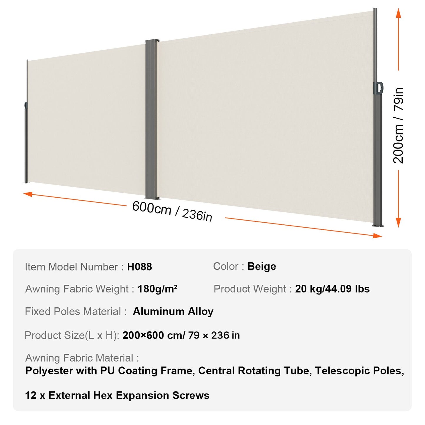 Utfällbar sidomarkis, 79''x 236'' utomhusskärm, 180g polyester vattentät utfällbar terrassskärm, UV 30+ rumsavdelare vindskydd för uteplats, bakgård, balkong, beige