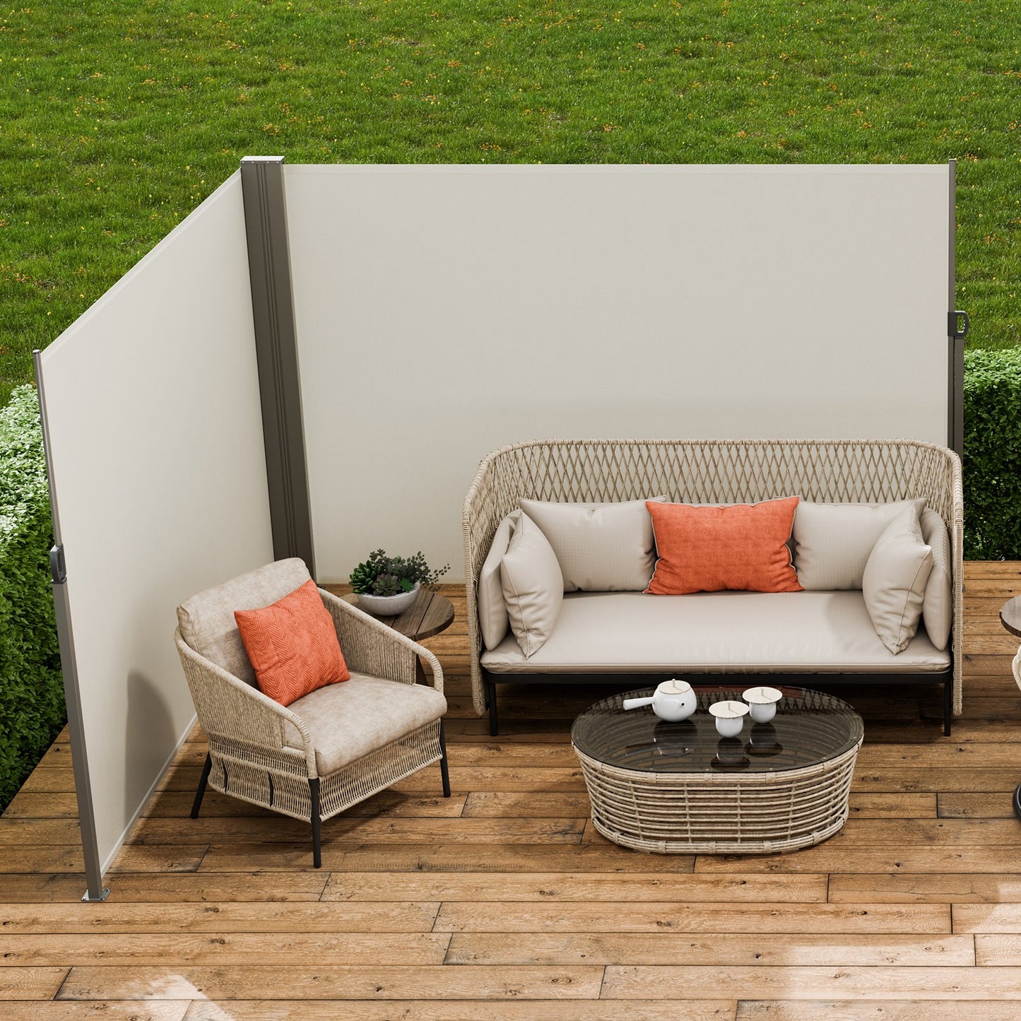 Utfällbar sidomarkis, 79''x 236'' utomhusskärm, 180g polyester vattentät utfällbar terrassskärm, UV 30+ rumsavdelare vindskydd för uteplats, bakgård, balkong, beige