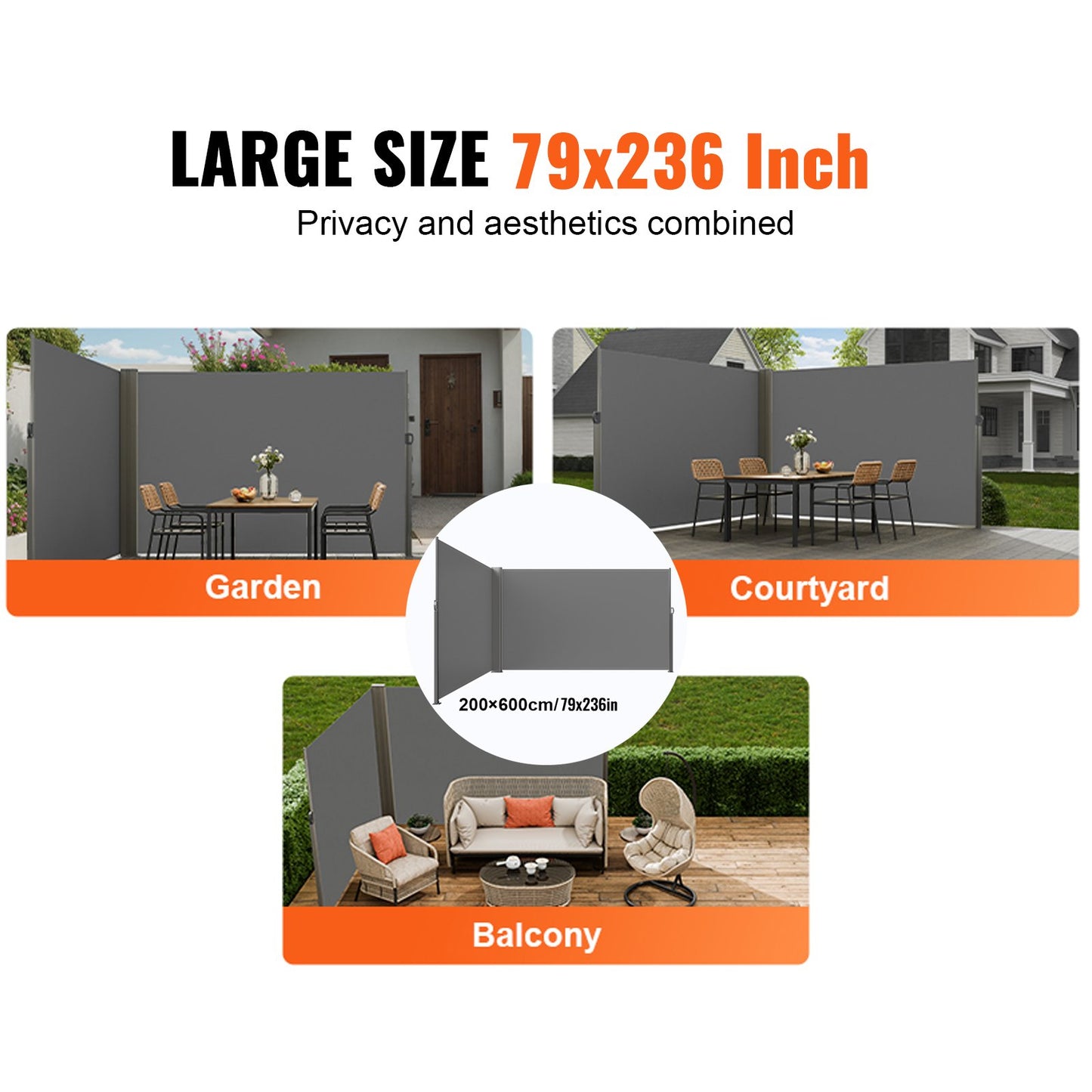 Utfällbar sidomarkis, 79''x 236'' utomhusskärm, 180g polyester vattentät utfällbar terrassskärm, UV 30+ rumsavdelare vindskydd för uteplats, bakgård, balkong, grå