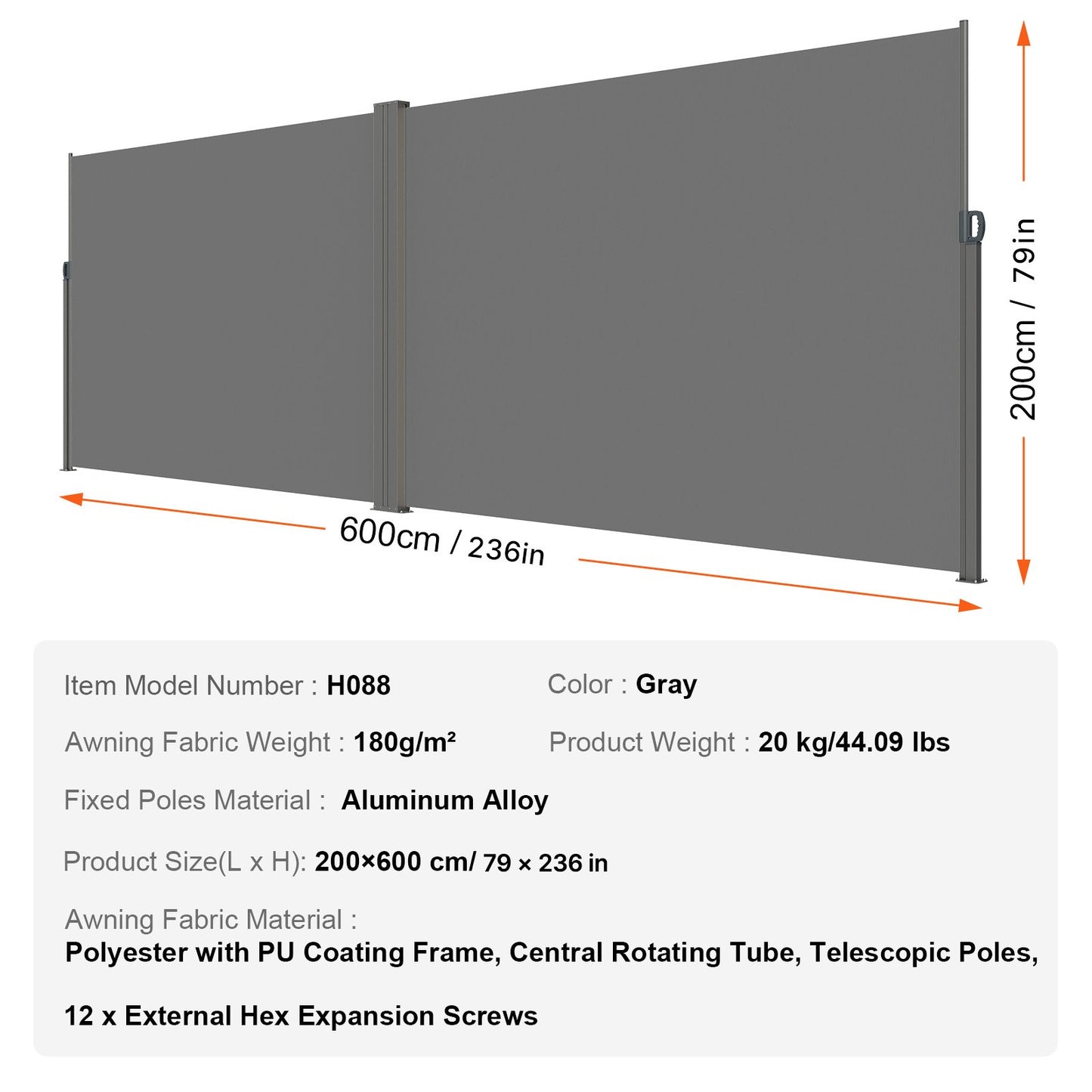 Utfällbar sidomarkis, 79''x 236'' utomhusskärm, 180g polyester vattentät utfällbar terrassskärm, UV 30+ rumsavdelare vindskydd för uteplats, bakgård, balkong, grå