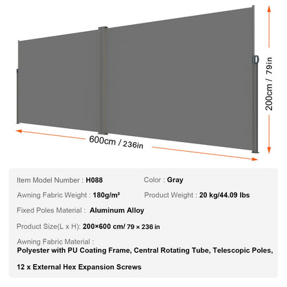 Utfällbar sidomarkis, 79''x 236'' utomhusskärm, 180g polyester vattentät utfällbar terrassskärm, UV 30+ rumsavdelare vindskydd för uteplats, bakgård, balkong, grå