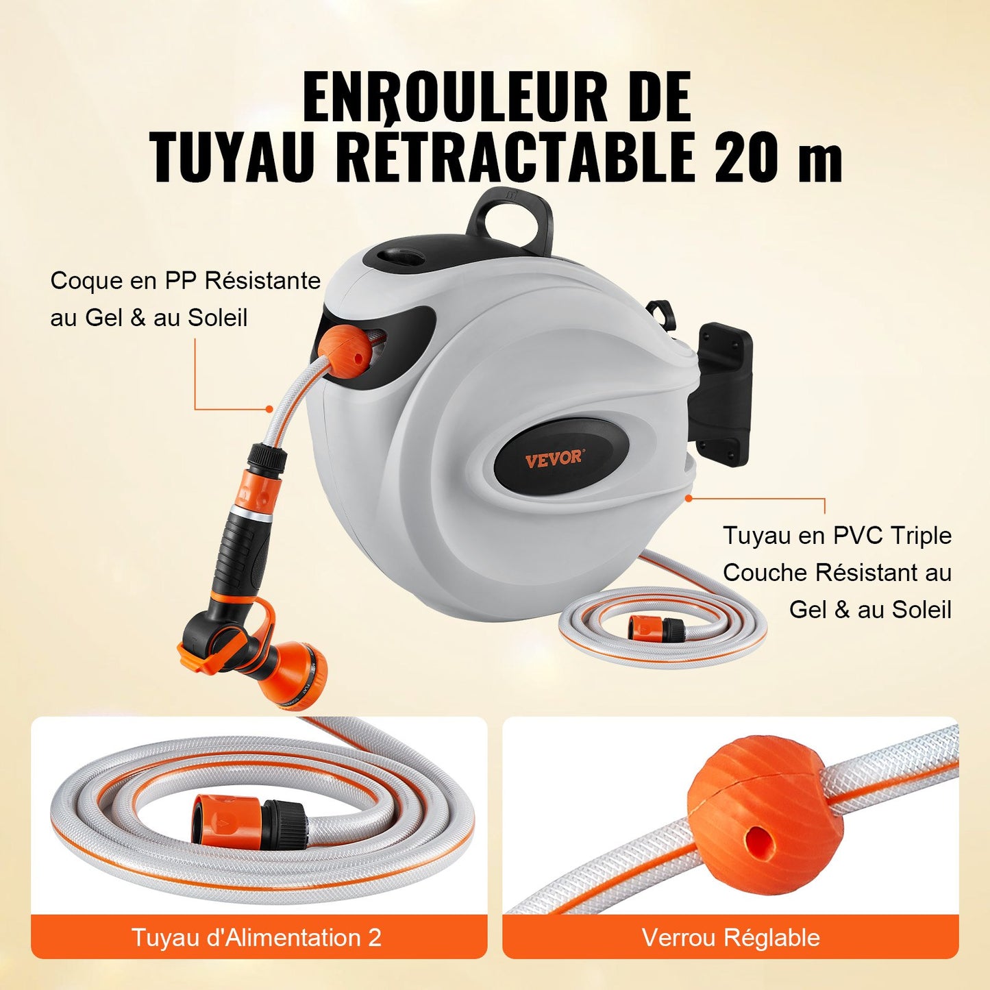 Retractable Hose Reel Water Hose Reel 20m x 1.3cm 180° Swivel Wall-Mounted