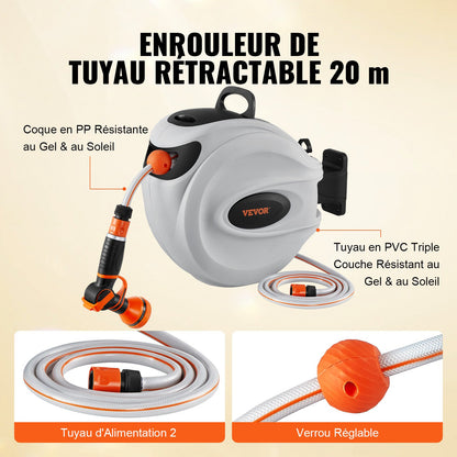 Retractable Hose Reel Water Hose Reel 20m x 1.3cm 180° Swivel Wall-Mounted