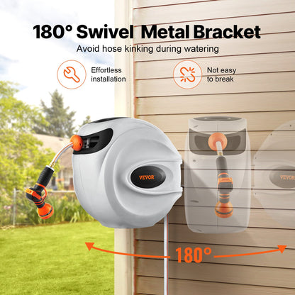 Retractable Garden Hose Reel, 1/2" x 131.23 ft Wall Mounted Hose Reel, Heavy Duty Garden Hose Reel with 9 Patterns Nozzle, Any Length Lock, Auto-Rewind Slow Return System and 180°Swivel Bracket