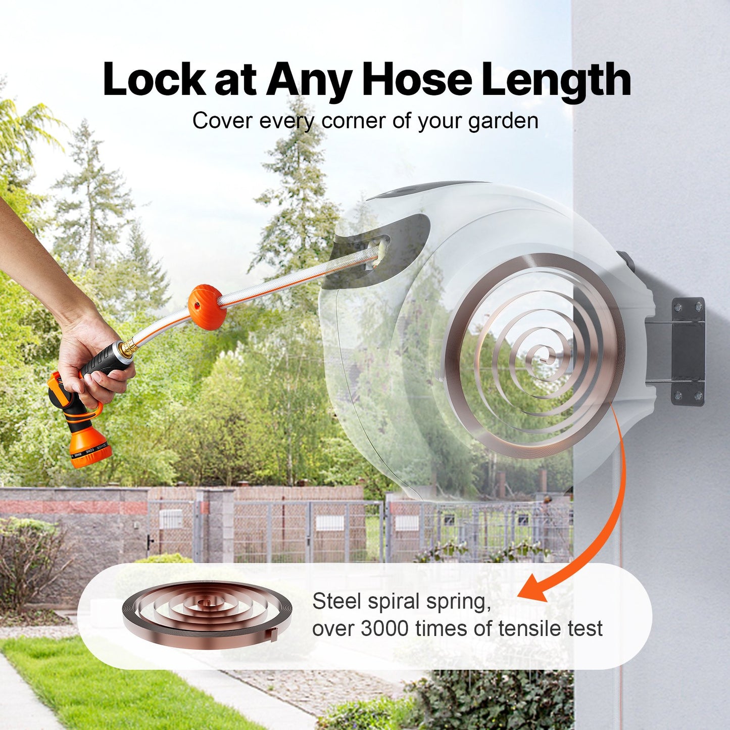 Retractable Garden Hose Reel, 1/2" x 131.23 ft Wall Mounted Hose Reel, Heavy Duty Garden Hose Reel with 9 Patterns Nozzle, Any Length Lock, Auto-Rewind Slow Return System and 180°Swivel Bracket