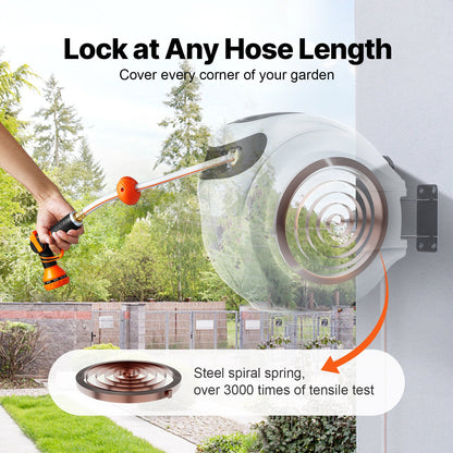 Retractable Garden Hose Reel, 1/2" x 131.23 ft Wall Mounted Hose Reel, Heavy Duty Garden Hose Reel with 9 Patterns Nozzle, Any Length Lock, Auto-Rewind Slow Return System and 180°Swivel Bracket