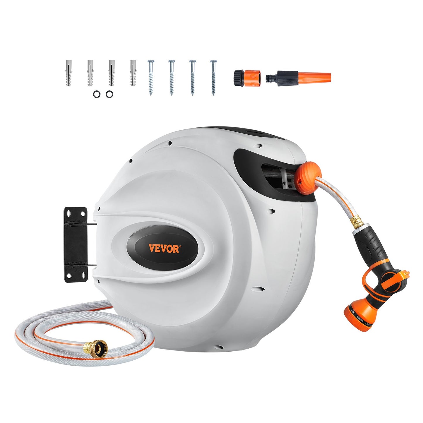 Retractable Garden Hose Reel, 1/2" x 131.23 ft Wall Mounted Hose Reel, Heavy Duty Garden Hose Reel with 9 Patterns Nozzle, Any Length Lock, Auto-Rewind Slow Return System and 180°Swivel Bracket