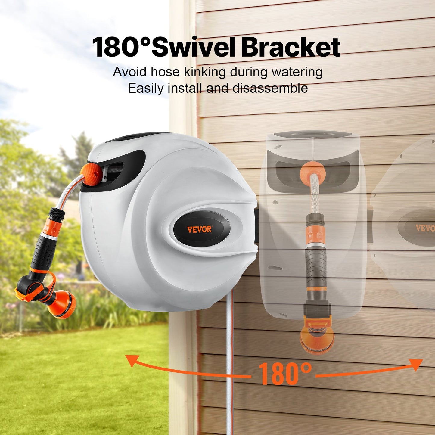 Retractable Garden Hose Reel, 1/2 in x 98.43 ft Wall Mounted Hose Reel, Heavy Duty Garden Hose Reel with 9 Patterns Nozzle, Any Length Lock, Auto-Rewind Slow Return System and 180°Swivel Bracket