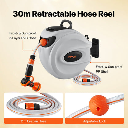 Retractable Garden Hose Reel, 1/2 in x 98.43 ft Wall Mounted Hose Reel, Heavy Duty Garden Hose Reel with 9 Patterns Nozzle, Any Length Lock, Auto-Rewind Slow Return System and 180°Swivel Bracket