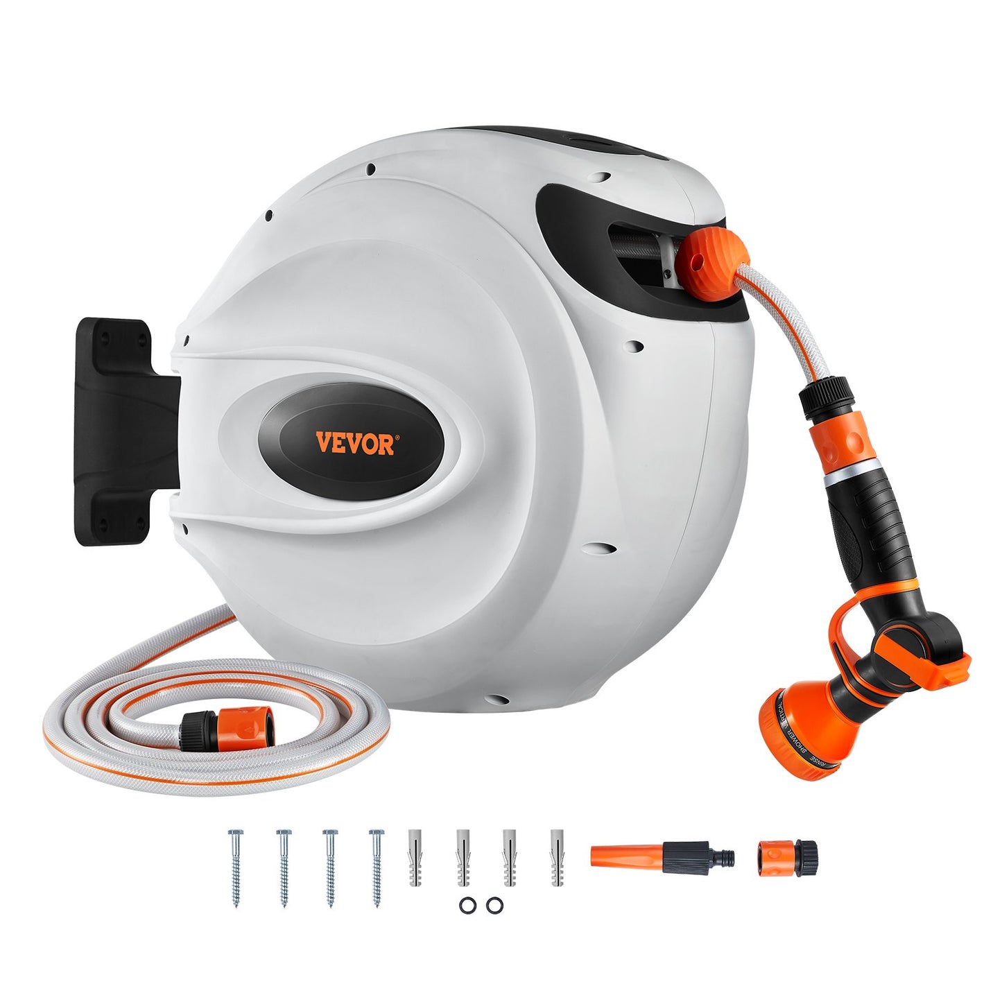 Retractable Garden Hose Reel, 1/2 in x 98.43 ft Wall Mounted Hose Reel, Heavy Duty Garden Hose Reel with 9 Patterns Nozzle, Any Length Lock, Auto-Rewind Slow Return System and 180°Swivel Bracket