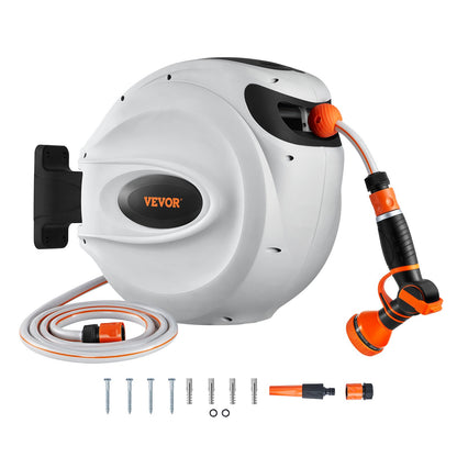 Retractable Garden Hose Reel, 1/2 in x 98.43 ft Wall Mounted Hose Reel, Heavy Duty Garden Hose Reel with 9 Patterns Nozzle, Any Length Lock, Auto-Rewind Slow Return System and 180°Swivel Bracket
