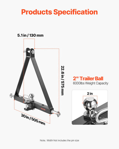 3-punktsfäste med 2-tums fäste, 3-punkts snabbfäste, kapacitet på 6 000 lbs, dragstångsadapter för kraftig traktor, kompatibel med Kubota, Mahindra, John Deere, Massey Ferguson