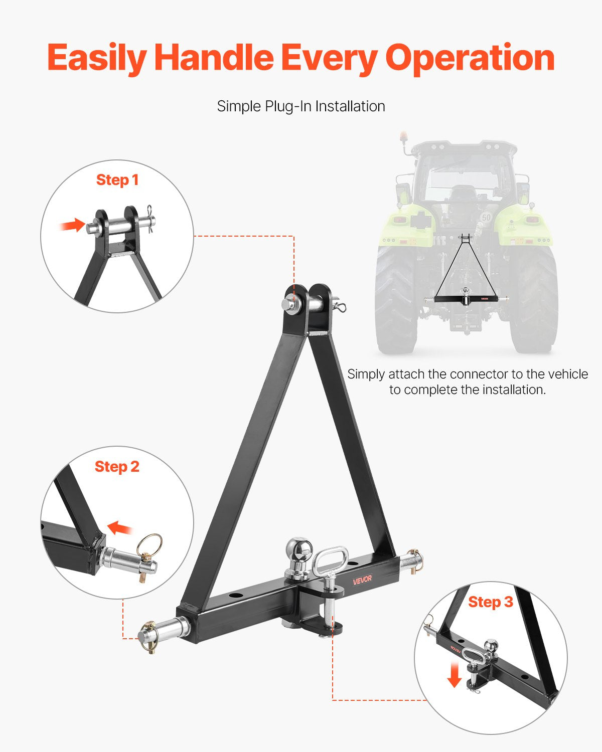 3-punktsfäste med 2-tums fäste, 3-punkts snabbfäste, kapacitet på 6 000 lbs, dragstångsadapter för kraftig traktor, kompatibel med Kubota, Mahindra, John Deere, Massey Ferguson