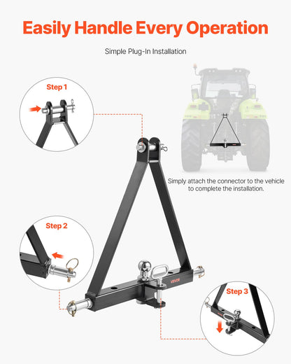 3-punktsfäste med 2-tums fäste, 3-punkts snabbfäste, kapacitet på 6 000 lbs, dragstångsadapter för kraftig traktor, kompatibel med Kubota, Mahindra, John Deere, Massey Ferguson