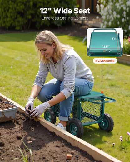 Rullande trädgårdsvagn med säte, rullande trädgårdssäte i metall med hjul, stöder upp till 181 kg, kraftig trädgårdsvagn med scooter, utomhusvagn och pall på hjul för gräsmatta, uteplats, bakgård