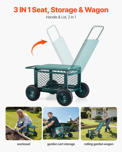 Rullande trädgårdsvagn med säte, rullande trädgårdssäte i metall med hjul, stöder upp till 181 kg, kraftig trädgårdsvagn med scooter, utomhusvagn och pall på hjul för gräsmatta, uteplats, bakgård