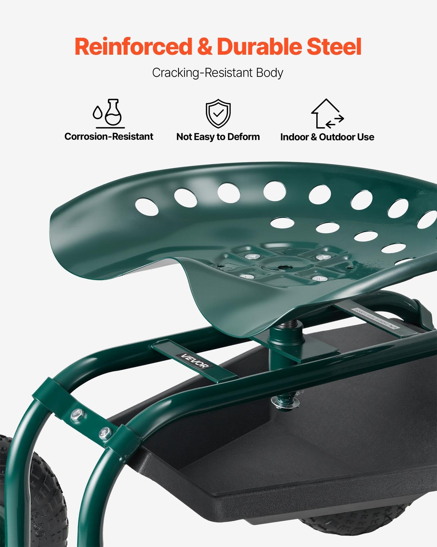 Rullande trädgårdsvagn med snurrsäte, kraftig trädgårdssäte med förvaringskorg och verktygsbricka, viktkapacitet 136 kg, trädgårdspall för utomhusbruk, scooter för plantering och ogräsrensning på gräsmatta