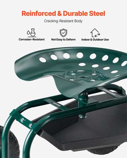 Rullande trädgårdsvagn med snurrsäte, kraftig trädgårdssäte med förvaringskorg och verktygsbricka, viktkapacitet 136 kg, trädgårdspall för utomhusbruk, scooter för plantering och ogräsrensning på gräsmatta