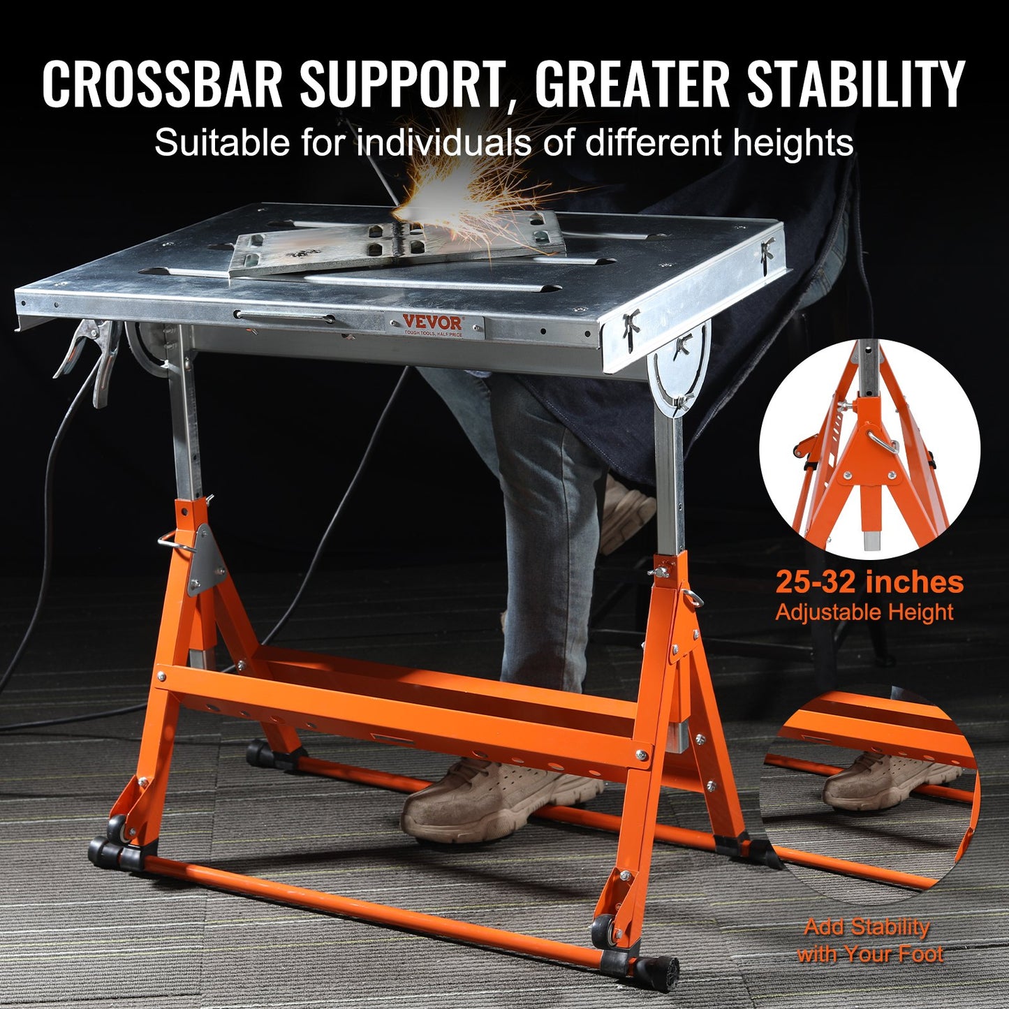 Welding Table 76.2 cm x 50.8 cm, 181.4 kg Load Capacity Steel Welding Workbench Table on Wheels, Folding Work Bench with Three 2.8 cm Slot, 3 Tilt Angles, Adjustable Height, Retractable Guide Rails