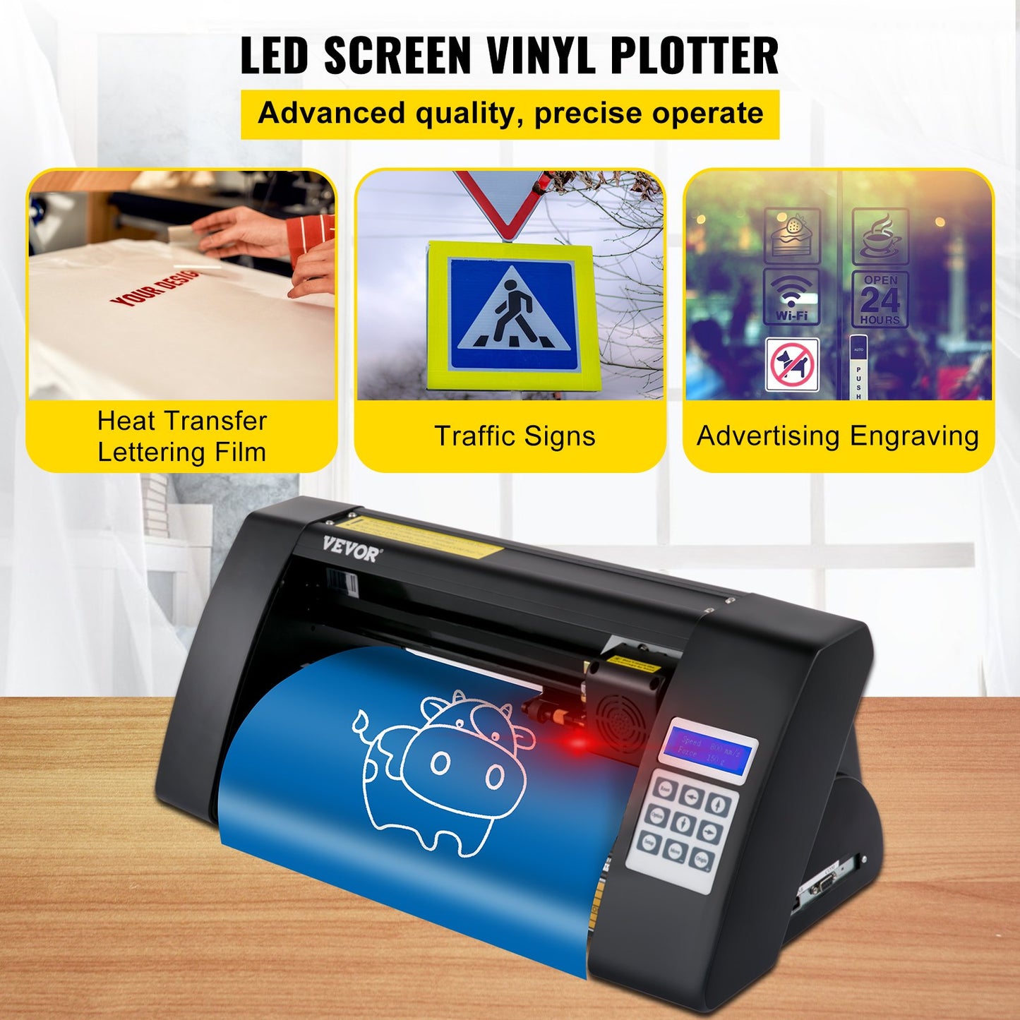 Vinylskärare, 375 mm vinylplotter, LED-skärmplotter, halvautomatiskt inbyggt optiskt öga för noggrann styrning, kompatibel med SignMaster-programvara för Windows-system, skrivbordsdesign