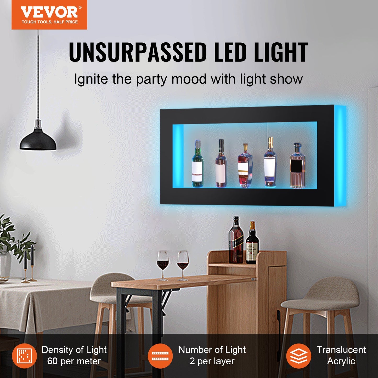 LED Lighted Liquor Bottle Display, Square 48 Inch, Illuminated Home Bar Shelf with RF Remote & App Control 7 Static Colors 1-4 H Timing, Acrylic Wall-Mounted Drinks Lighting Shelf for 24 Bottle