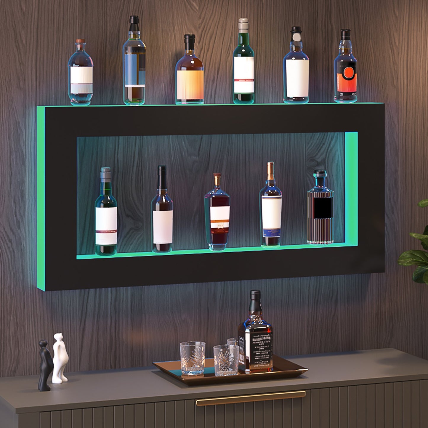 LED Lighted Liquor Bottle Display, Square 48 Inch, Illuminated Home Bar Shelf with RF Remote & App Control 7 Static Colors 1-4 H Timing, Acrylic Wall-Mounted Drinks Lighting Shelf for 24 Bottle