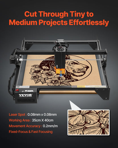 Lasergravör, 20 W uteffekt, lasergraveringsskärmaskin, arbetsyta 35 x 40 cm, rörelsehastighet 10 000 mm/min, komprimerad punkt med ögonskydd, för trä, vissa metaller