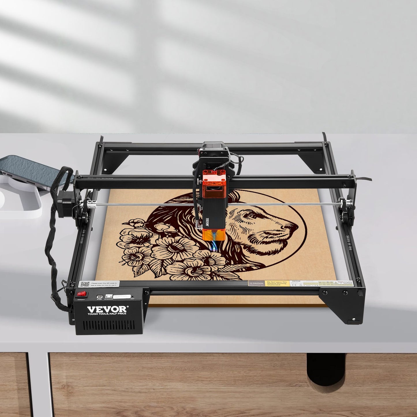 Lasergravör, 5W uteffekt, lasergraveringsskärmaskin, arbetsyta 38 x 40 cm, rörelsehastighet 10 000 mm/min, komprimerad punkt med ögonskydd, för trä, vissa metaller