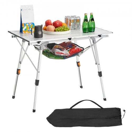 Hopfällbart campingbord, bärbara sidobord i aluminium med justerbar höjd, nätlager överst och bärväska, för utomhusgrillning, picknick, resor, silver