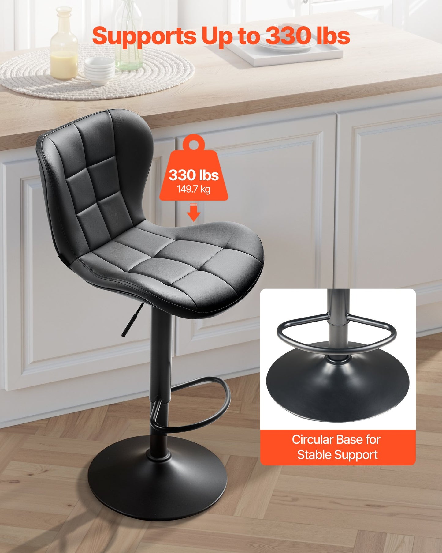 Barstolsset med 4, moderna PU-läderpallar med bänkhöjd, snurrbar köksstol med ryggstöd och fotstöd, höjdjusterbar armstöd, barstolar med armstöd för kök och matsal, svart