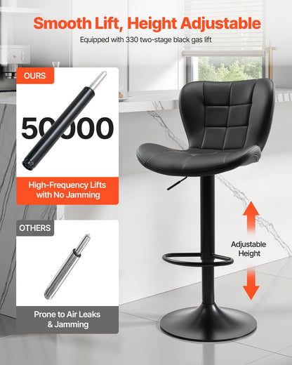 Barstolsset med 4, moderna PU-läderpallar med bänkhöjd, snurrbar köksstol med ryggstöd och fotstöd, höjdjusterbar armstöd, barstolar med armstöd för kök och matsal, svart