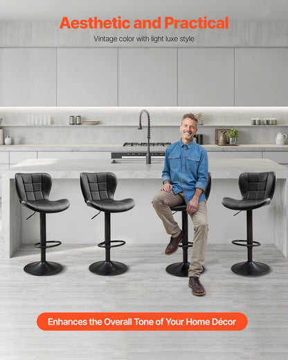 Barstolsset med 4, moderna PU-läderpallar med bänkhöjd, snurrbar köksstol med ryggstöd och fotstöd, höjdjusterbar armstöd, barstolar med armstöd för kök och matsal, svart