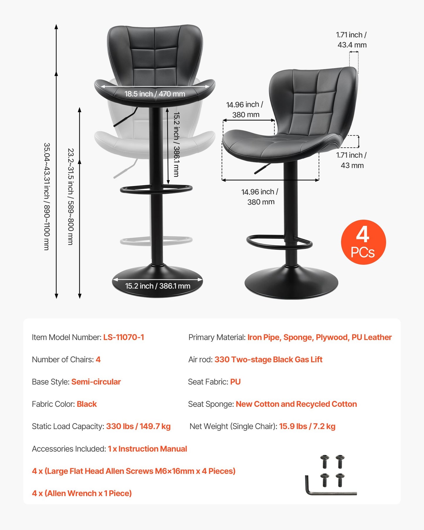 Barstolsset med 4, moderna PU-läderpallar med bänkhöjd, snurrbar köksstol med ryggstöd och fotstöd, höjdjusterbar armstöd, barstolar med armstöd för kök och matsal, svart