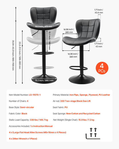 Barstolsset med 4, moderna PU-läderpallar med bänkhöjd, snurrbar köksstol med ryggstöd och fotstöd, höjdjusterbar armstöd, barstolar med armstöd för kök och matsal, svart