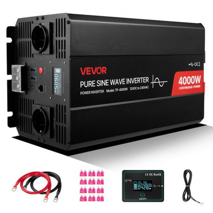 4000W Power Inverter, 12V DC to 230V AC Pure Sine Wave Inverter, Solar Car Charger Converter with LCD Display, Remote Control, 2 USB Ports, 2 AC Outlets, Type-C Port, for RV, Truck Outdoor